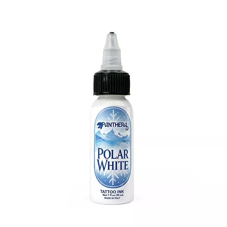 A bottle of Panther Tattoo Ink in the shade 'Polar White' on a solid white background. The bottle is white with a black cap and a blue and white label depicting a snowy mountain scene.