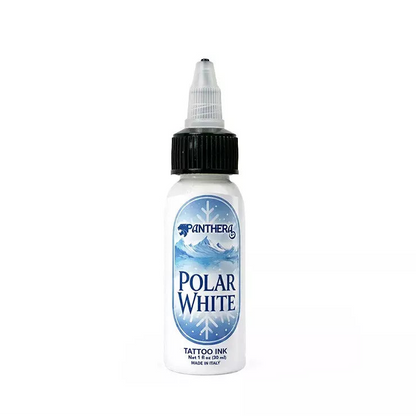 A bottle of Panther Tattoo Ink in the shade 'Polar White' on a solid white background. The bottle is white with a black cap and a blue and white label depicting a snowy mountain scene.