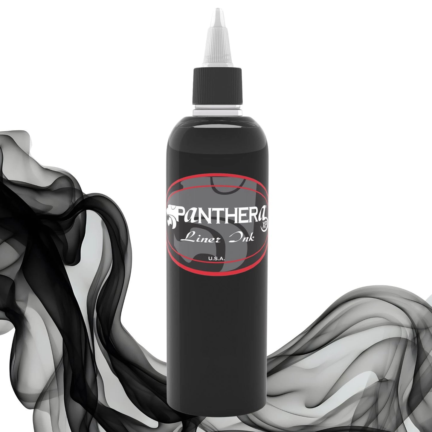 Panthera Black Liner ink Bottle with black and white smoke effect on a white background