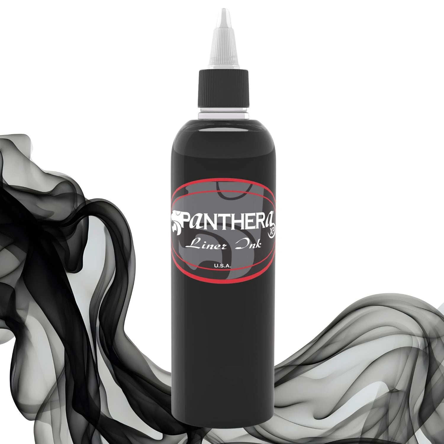 Panthera Black Liner ink Bottle with black and white smoke effect on a white background