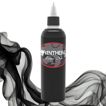 Panthera Black Liner ink Bottle with black and white smoke effect on a white background