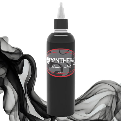 Panthera Black Liner ink Bottle with black and white smoke effect on a white background