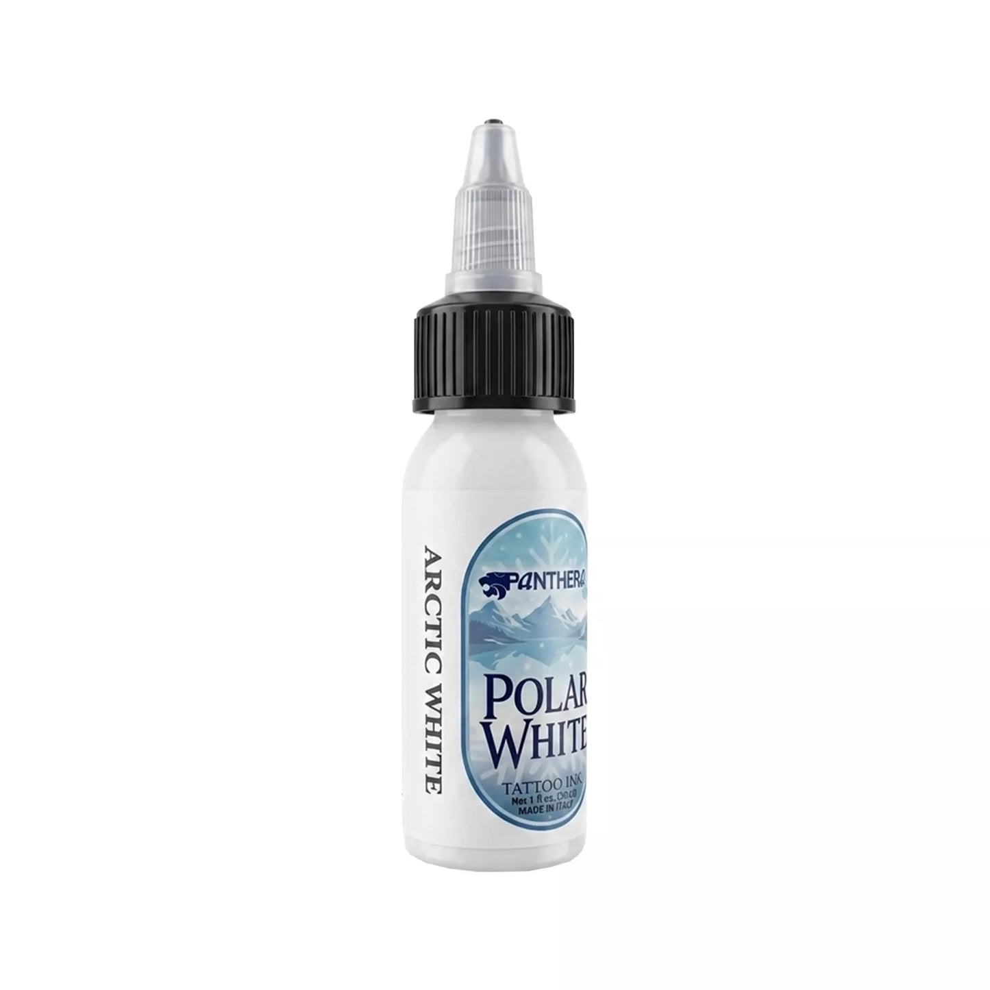 Panthera Arctic White EU REACH-compliant tattoo ink bottle on a solid white background. The bottle is white with a black cap and a blue and white label.
