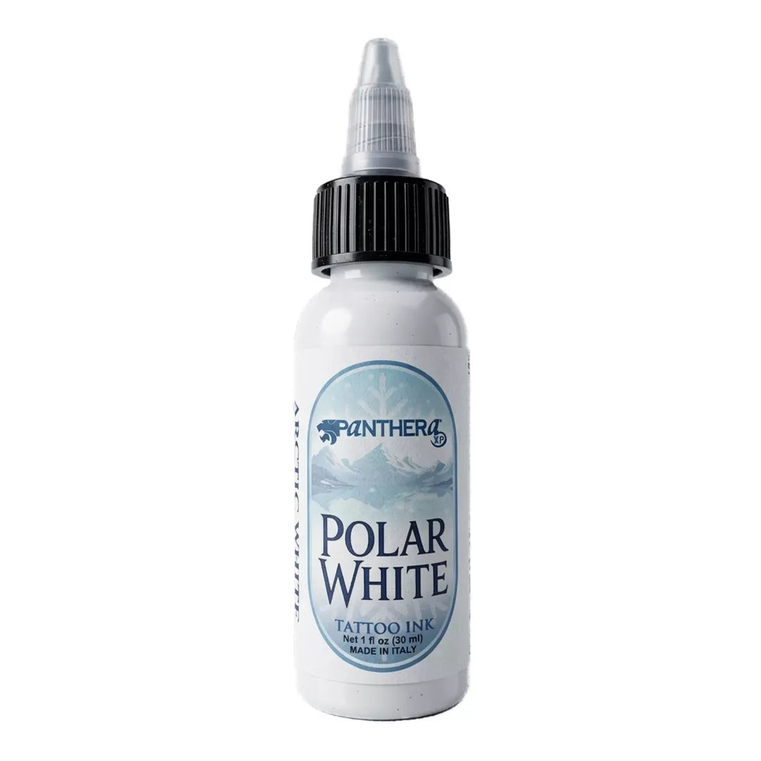 Panthera Polar White Arctic White tattoo ink 30ml bottle, featuring a white bottle with a black cap and a blue and white label.