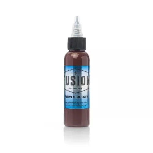 Bottle of Fusion Power Brown tattoo ink on a white background