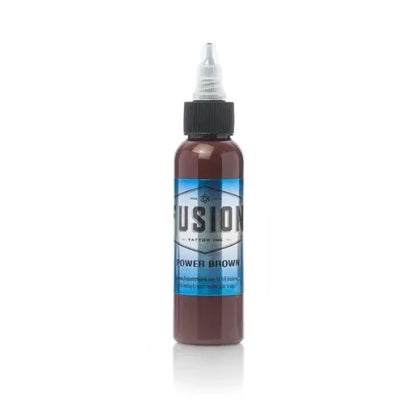 Bottle of Fusion Power Brown tattoo ink on a white background