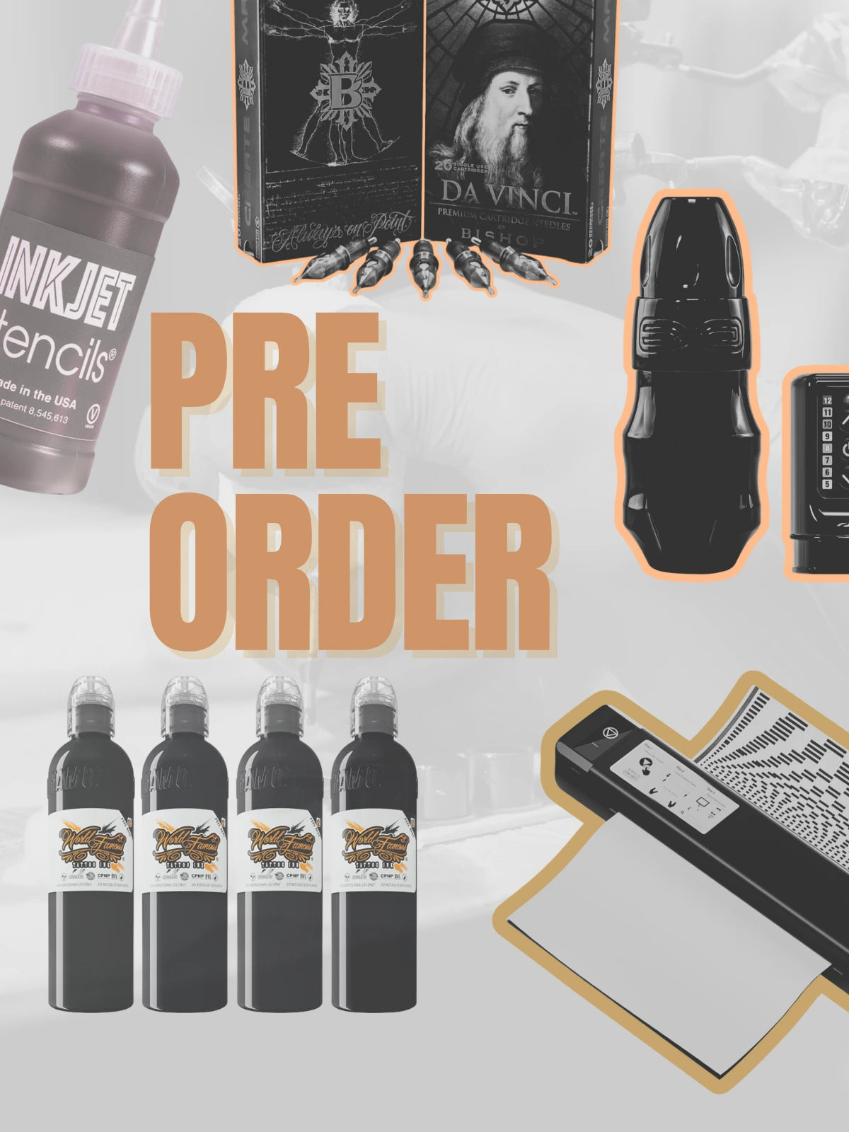 Promotional graphic for pre-ordering tattoo products, with inkjet stencils and tattoo equipment on a gray background.