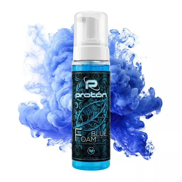Proton Blue Foam bottle with blue ink effect on a white background