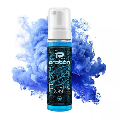 Proton Blue Foam bottle with blue ink effect on a white background
