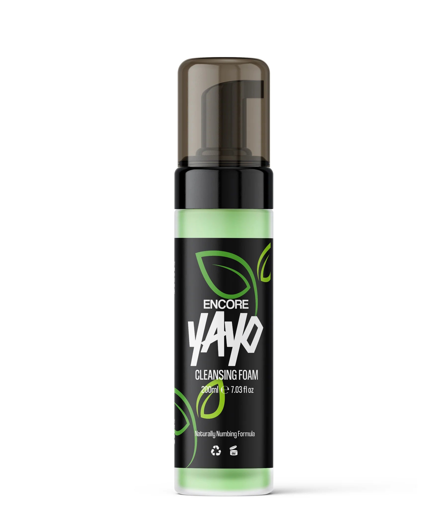 Yayo Encore cleansing foam bottle with numbing effect , green label on a white background