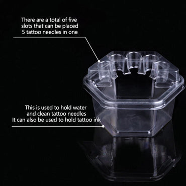 Clear plastic tattoo cartridge holder with octagonal shape on a black background