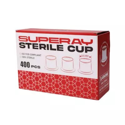 A red and white box of 'Superay Sterile Tattoo Ink Cups' containing 400 pieces, shown on a plain white background.