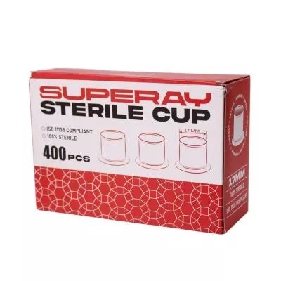 A box of Supray Sterile Tattoo Ink Cups, 400 pieces, featuring a red and white design with illustrations of three 17mm sterile cups.