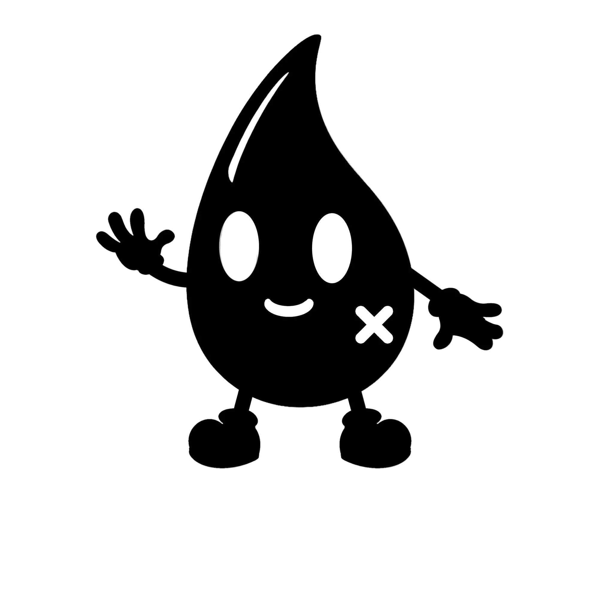 Black droplet character Inky from Tattoo Boutique with arms and legs on a white background