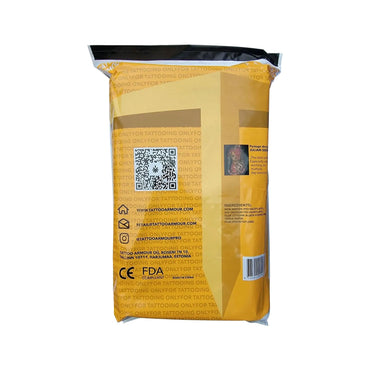 Tattoo Armour dressing pads Yellow packaging with QR code and text on a white background