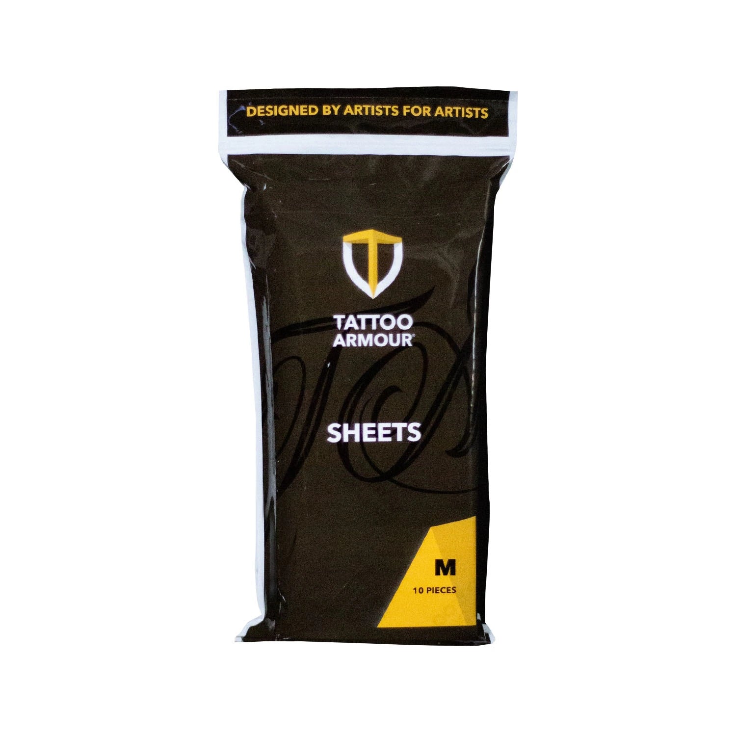Tattoo Armour dressing pads, packaging with black and yellow design on a white background