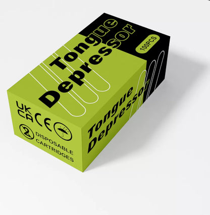 Box of Sterile Tongue Depressors with green and black design on a white background