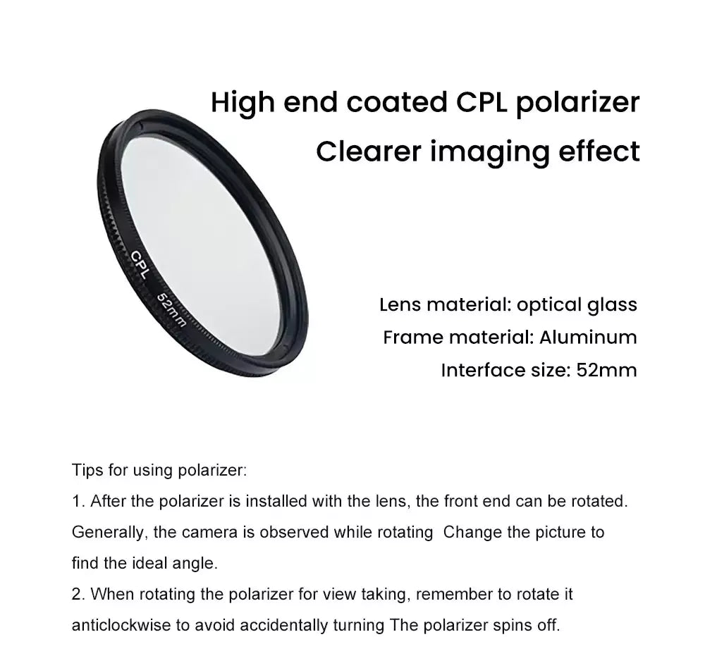 52mm high-end coated CPL polarizer filter with material details on a white background