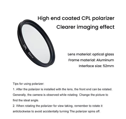 52mm high-end coated CPL polarizer filter with material details on a white background