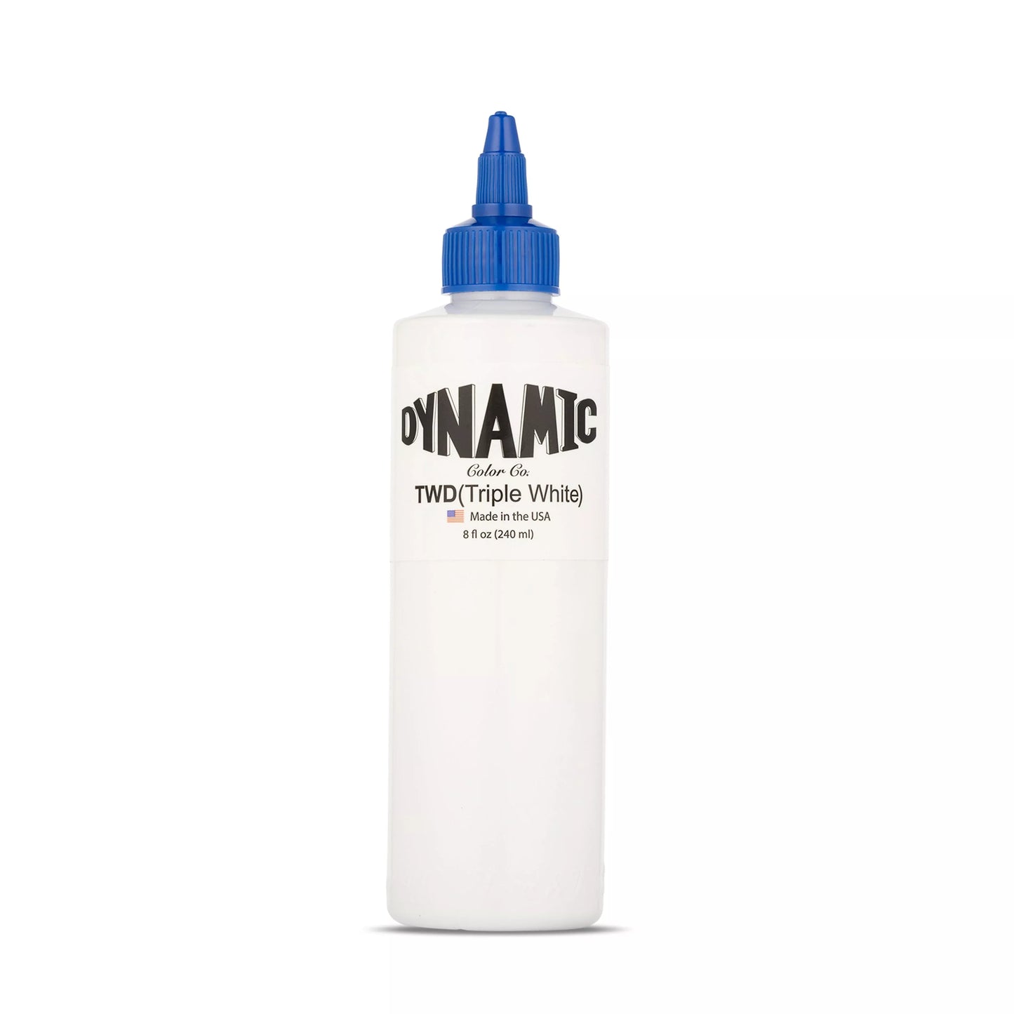 Dynamic triple white tattoo ink bottle with a blue cap, shown on a clean white background.