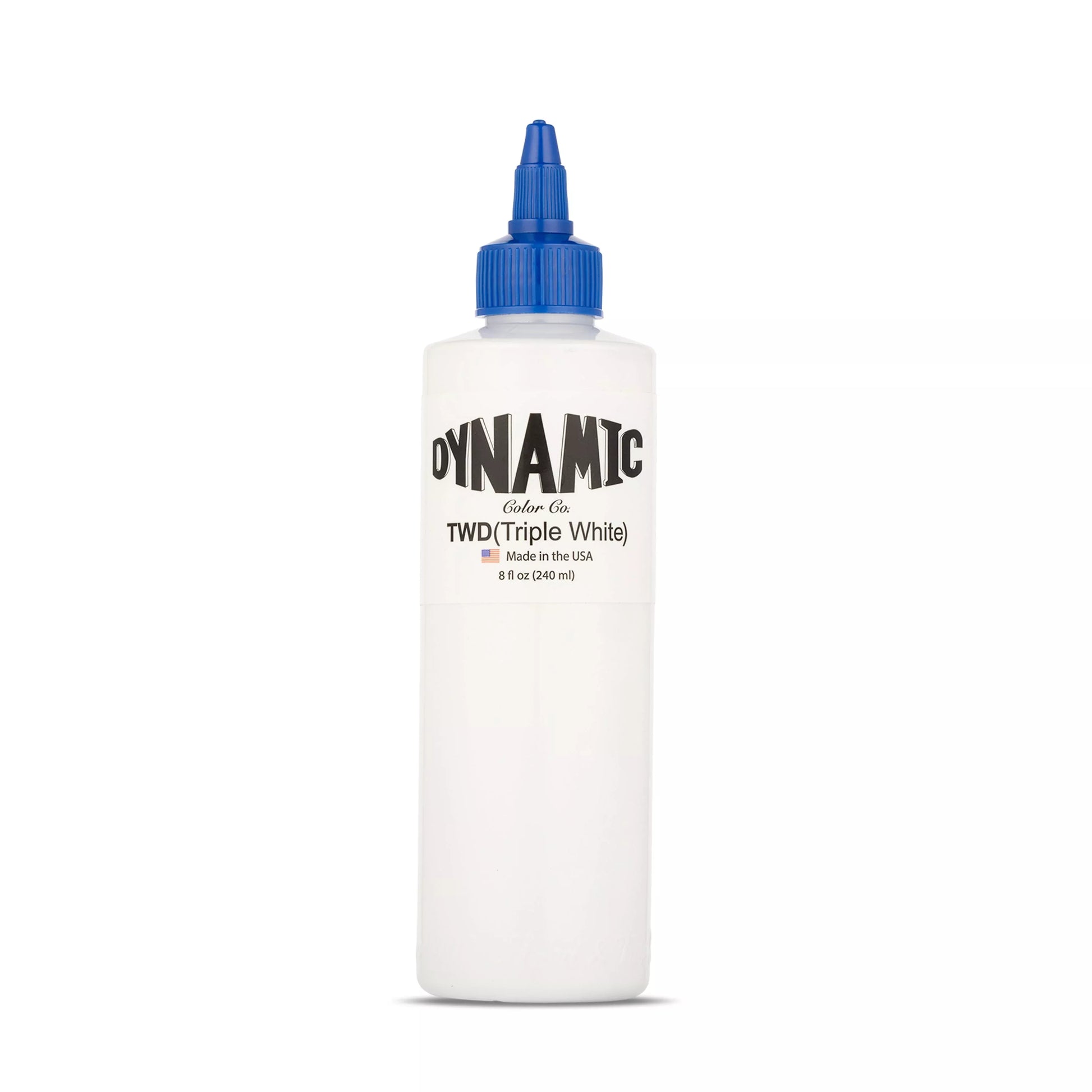 Dynamic triple white tattoo ink bottle with a blue cap, shown on a clean white background.