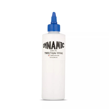 Dynamic triple white tattoo ink bottle with a blue cap, shown on a clean white background.