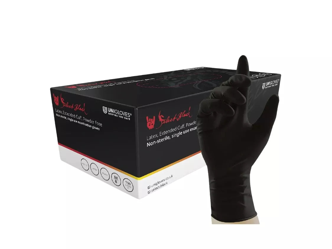Tattoo Artists Gloves from Unigloves Select Black line with extended cuff. 100pcs black latex extended cuff glove box. The box is black with red and white branding and text, including 'UNIGLOVES' and 'Safeway'. And also a hand wearing a glove