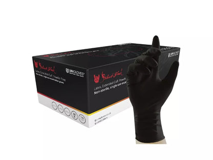 Tattoo Artists Gloves from Unigloves Select Black line with extended cuff. 100pcs black latex extended cuff glove box. The box is black with red and white branding and text, including 'UNIGLOVES' and 'Safeway'. And also a hand wearing a glove
