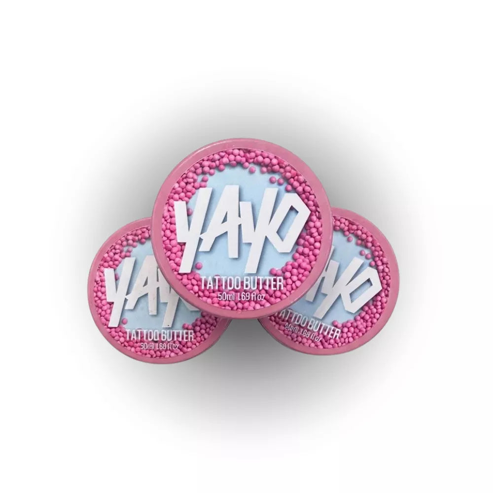 Three containers of YAYO Bubblicious tattoo butter on a white background