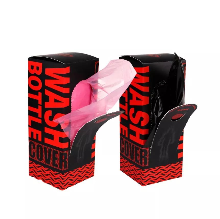 pink and black Wash Bottle Covers on a white background.