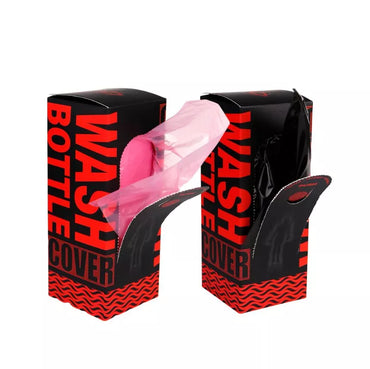 pink and black Wash Bottle Covers on a white background.