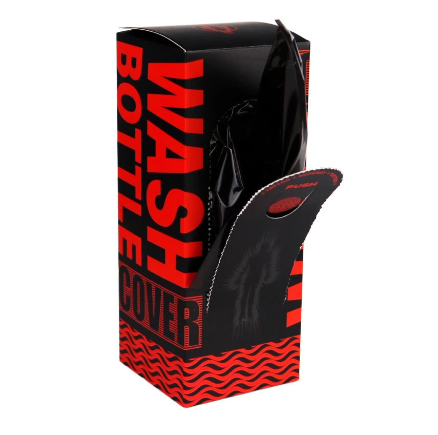 Black and red packaging of a bottle cover with 'Wash Bottle Cover' text.