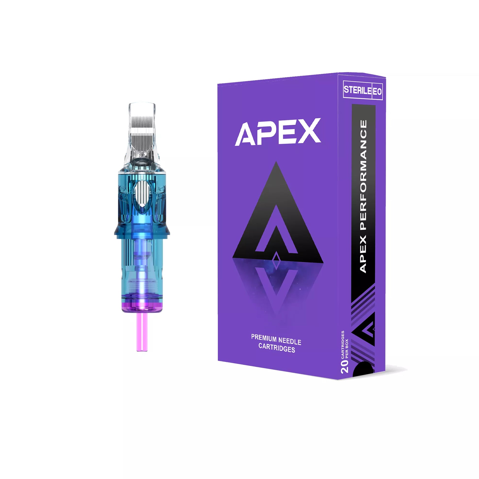 Apex Tattoo needle cartridge with box in a white background