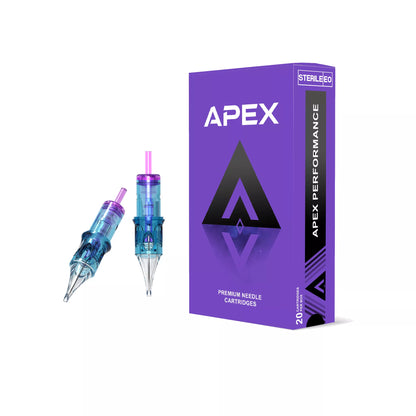 Apex tattoo cartridges packaging with a purple box and blue cartridge on a white background