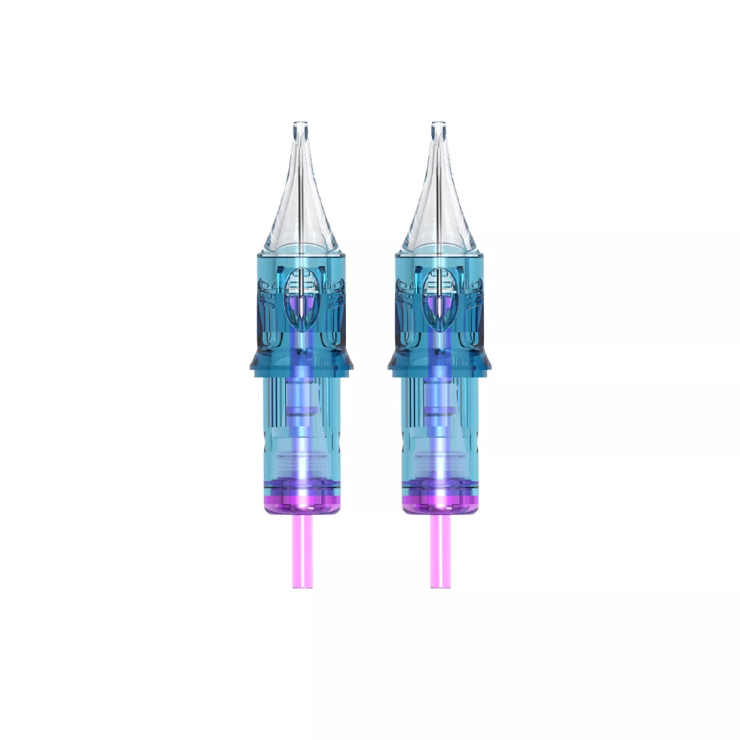 Two blue and purple Apex round liner tattoo needles on a white background