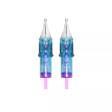 Two blue and purple Apex round liner tattoo needles on a white background