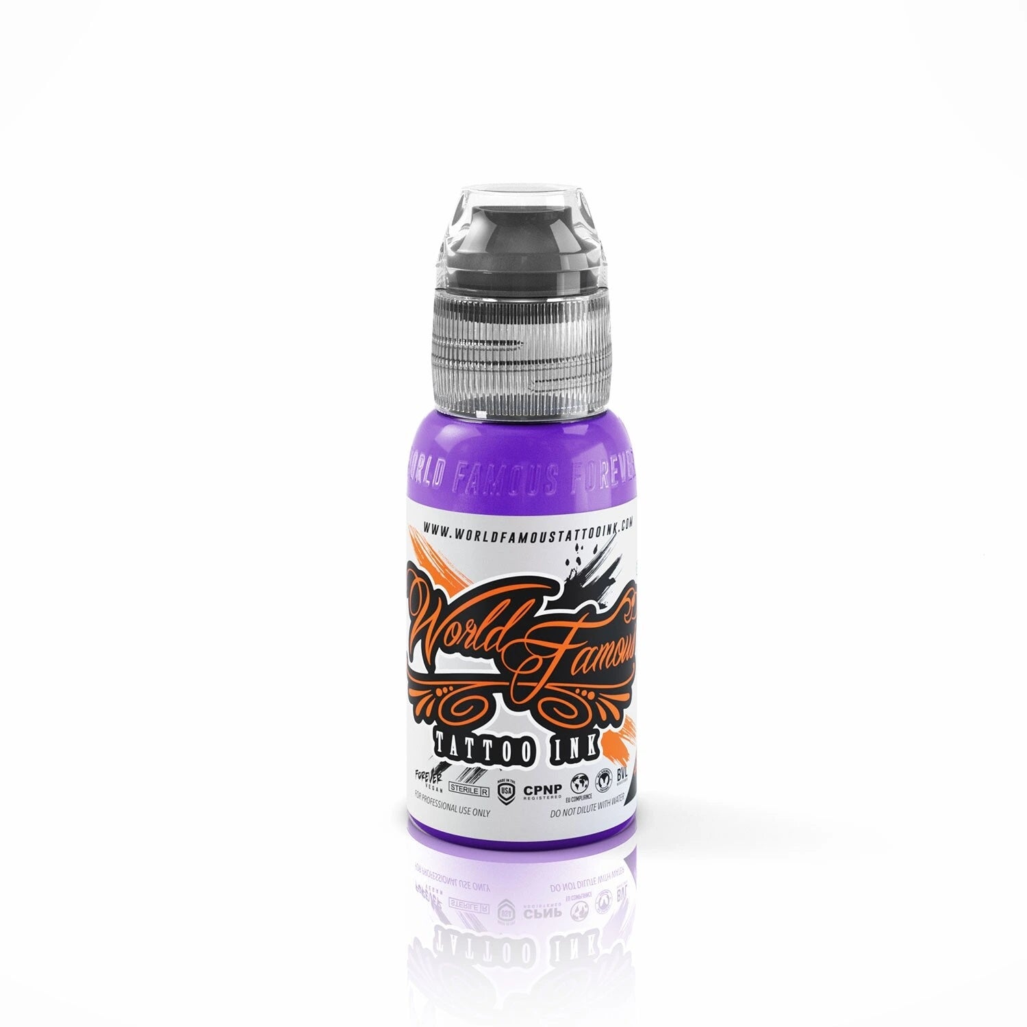 Bottle of World Famous Tattoo Ink Purple Heart 30ml on a white background