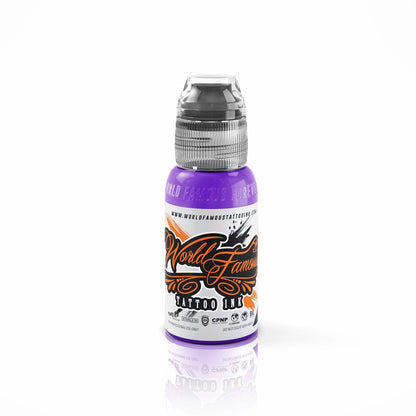 Bottle of World Famous Tattoo Ink Purple Heart 30ml on a white background