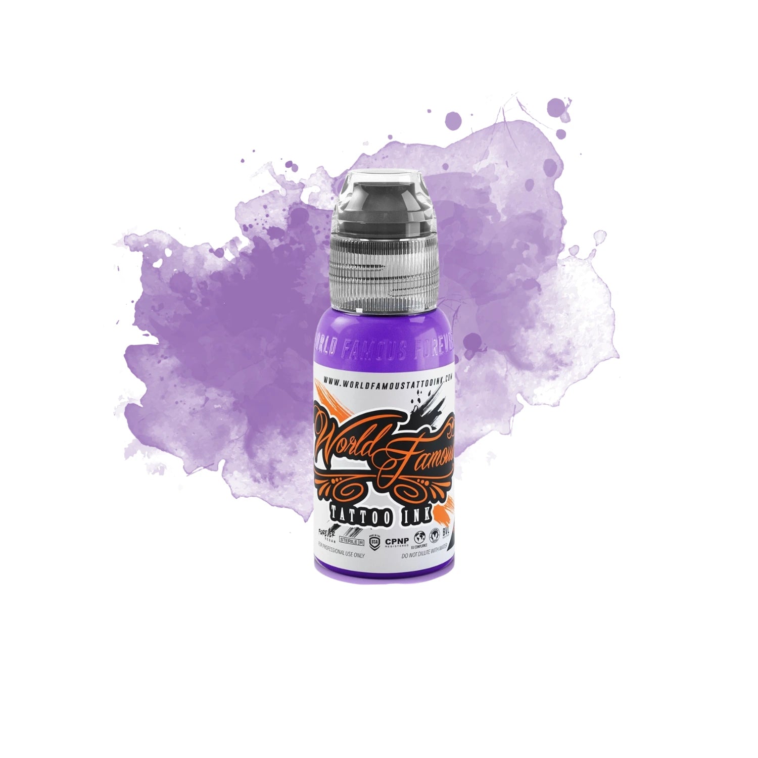 World Famous Tattoo Ink Purple Heart 1oz bottle on a white background with a purple splash
