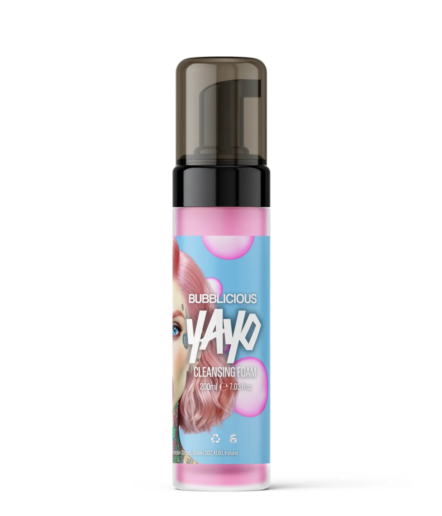 Foam cleanser bottle with pink hair and bubble design on a white background